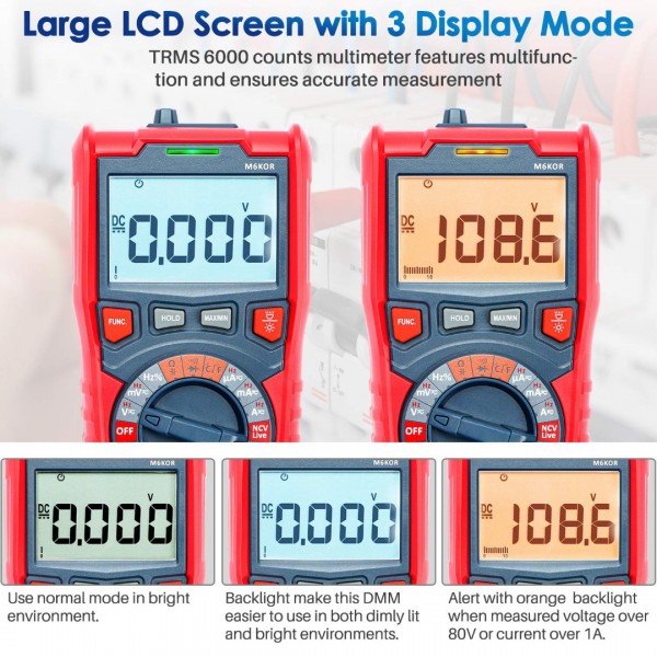 Digital Multimeter, TRMS 6000 Counts Auto-Ranging Voltage Tester Voltmeter Measuring AC/DC Voltage Current, Capacitance Resistance Frequency Temperature Continuity Diodes with NCV