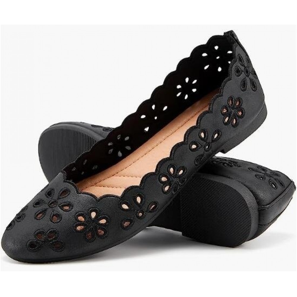 Women's Ballet Flats Black PU Leather Dress Shoes Comfortable Round Toe Slip on Flats with Floral