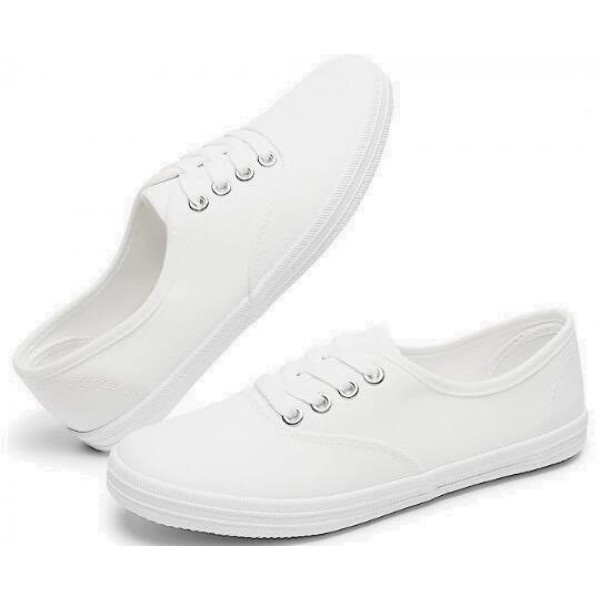 Womens White Canvas Sneakers Low Top Lace-up Canva...